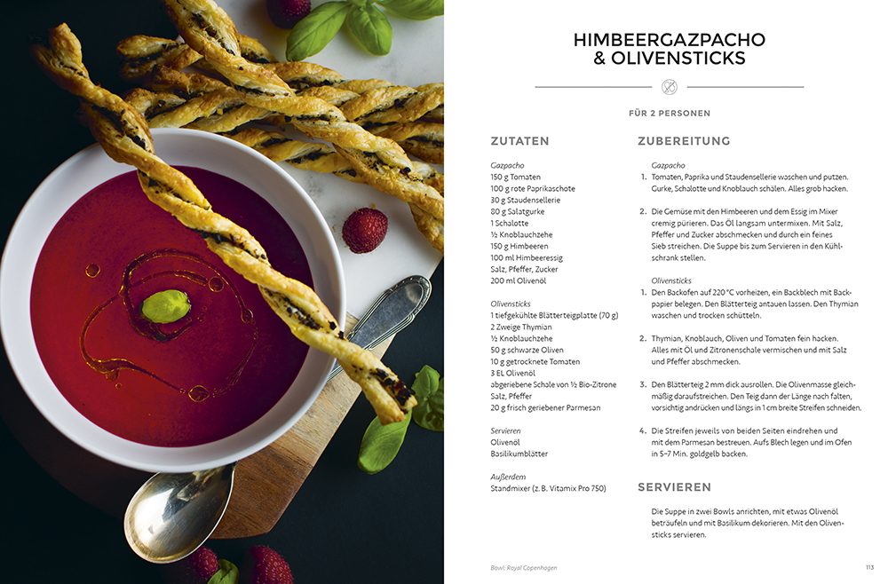 Himbeergazpacho & Olivensticks